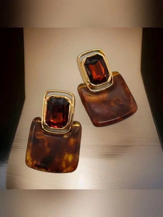 Vintage Retro Large Crystal Rootbeer Geometric Doorknocker Gold Drop Earrings - Picture 7 of 14